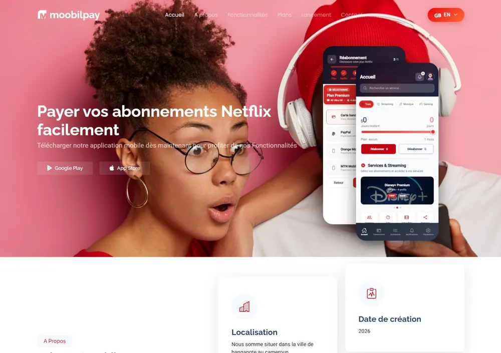 Site web Moobilpay, plateforme de paiement, développé par Wawo Domguia Michael Steve